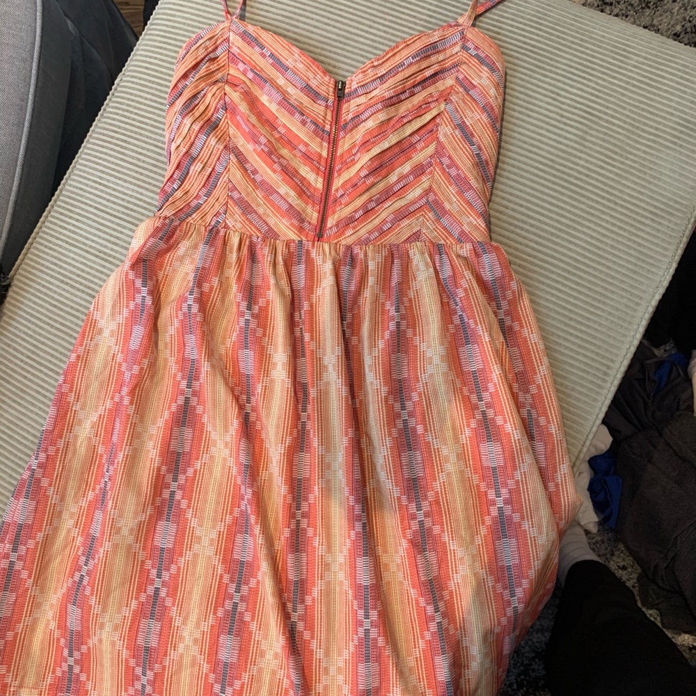 pink orange yellow patterned sundress with front zipper